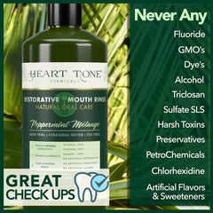 Heart Tone Botanicals Mouthwash ingredients aloe-tea-tree highlight natural cleansing.