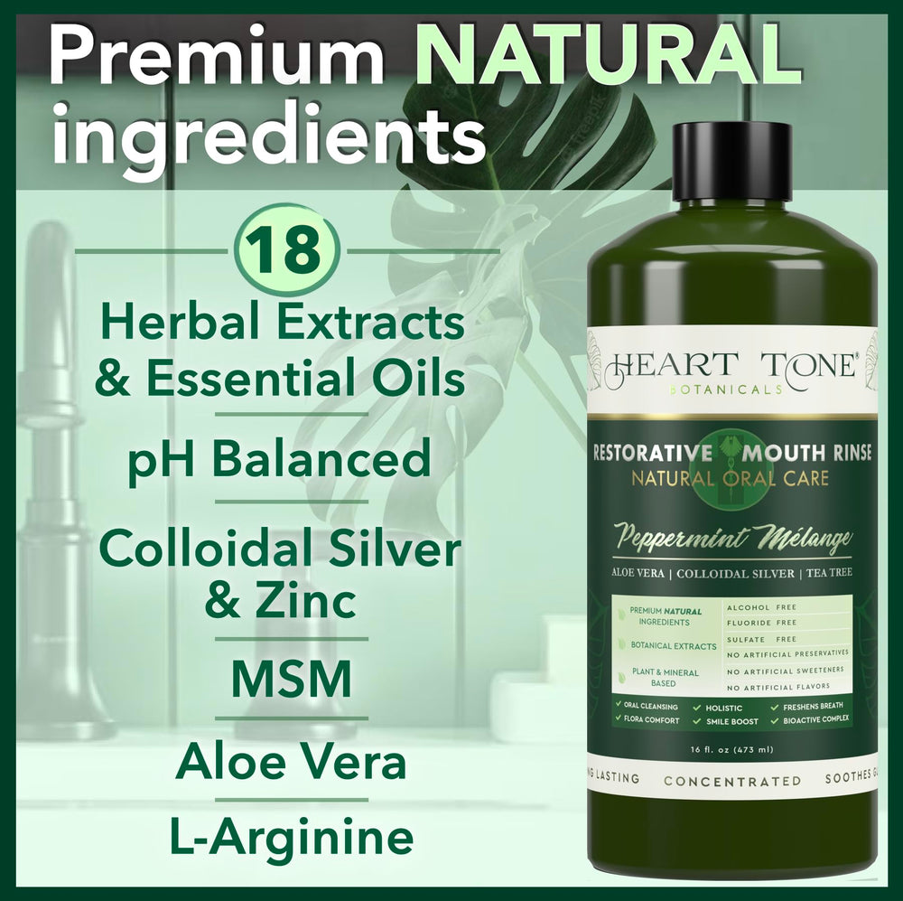 Heart Tone Botanicals Nano Silver Mouthwash pour showing easy, daily use.