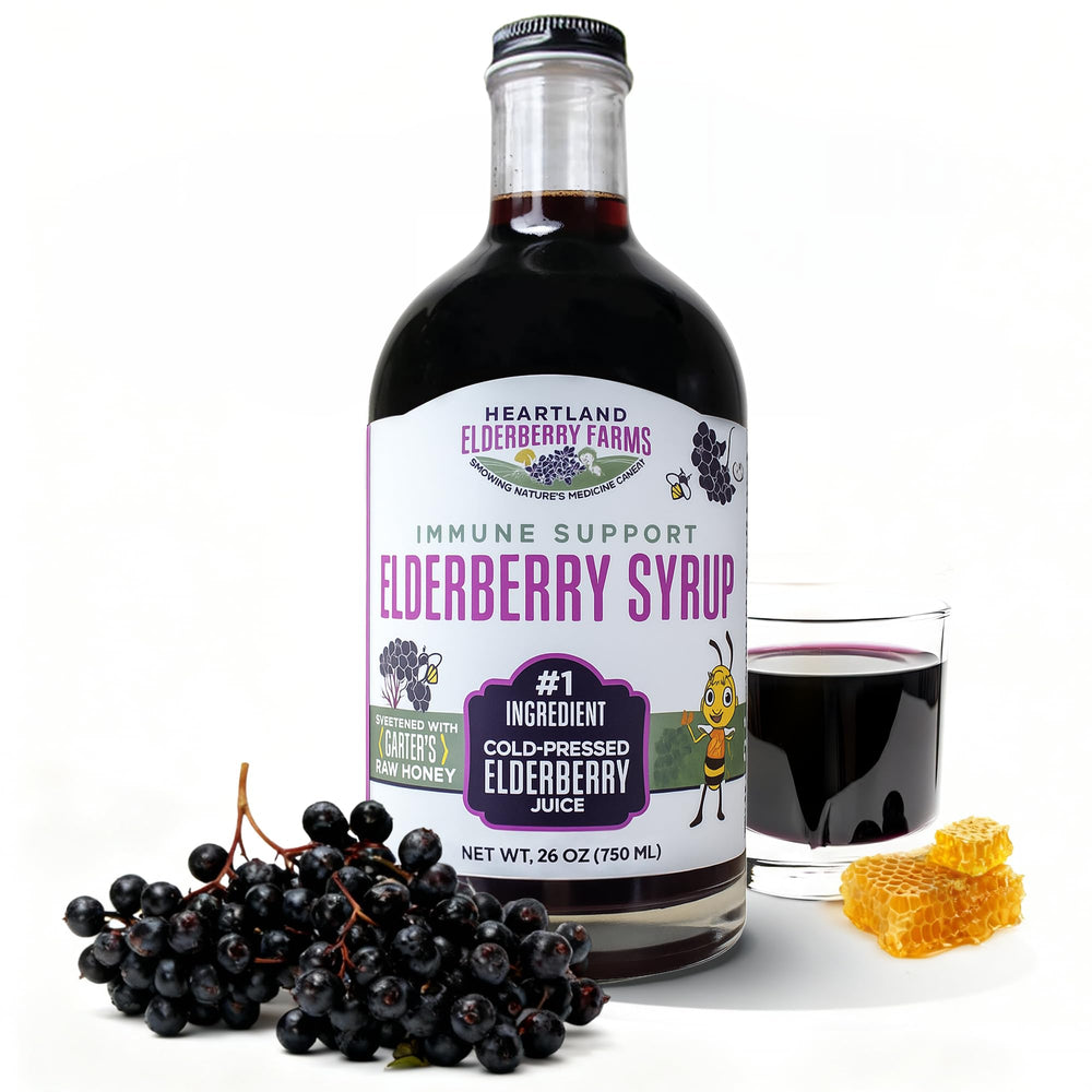Heartland Organic Elderberry Syrup bottle showing cold-pressed juice for daily immune support.
