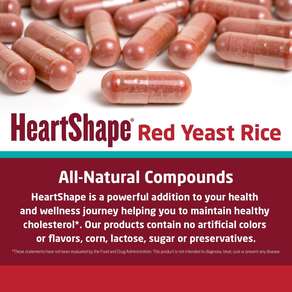 HeartShape Red Yeast Rice packaging details the U.S. production origin.