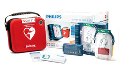 HeartStart Home AED front view with clear display and compact design for easy at-home readiness.