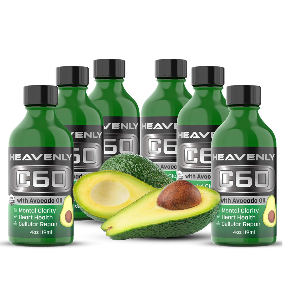 Heavenly Natural HNP Labs C60 avocado oil bottle pours for easy application and daily vitality.