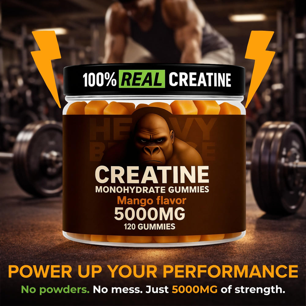 Gummies in gym setting suggesting pre-workout energy and focus with Heavy Balance.