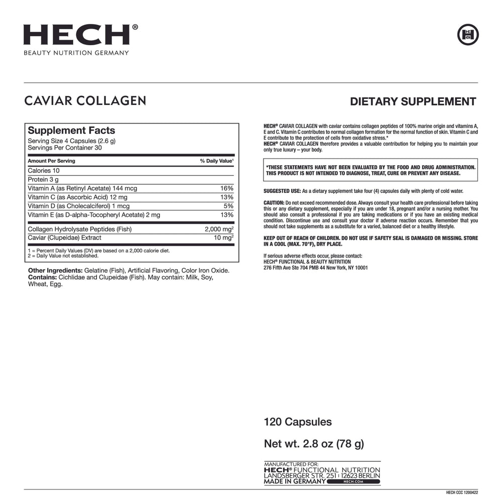 HECH Caviar Collagen ingredients panel featuring marine collagen and vitamins