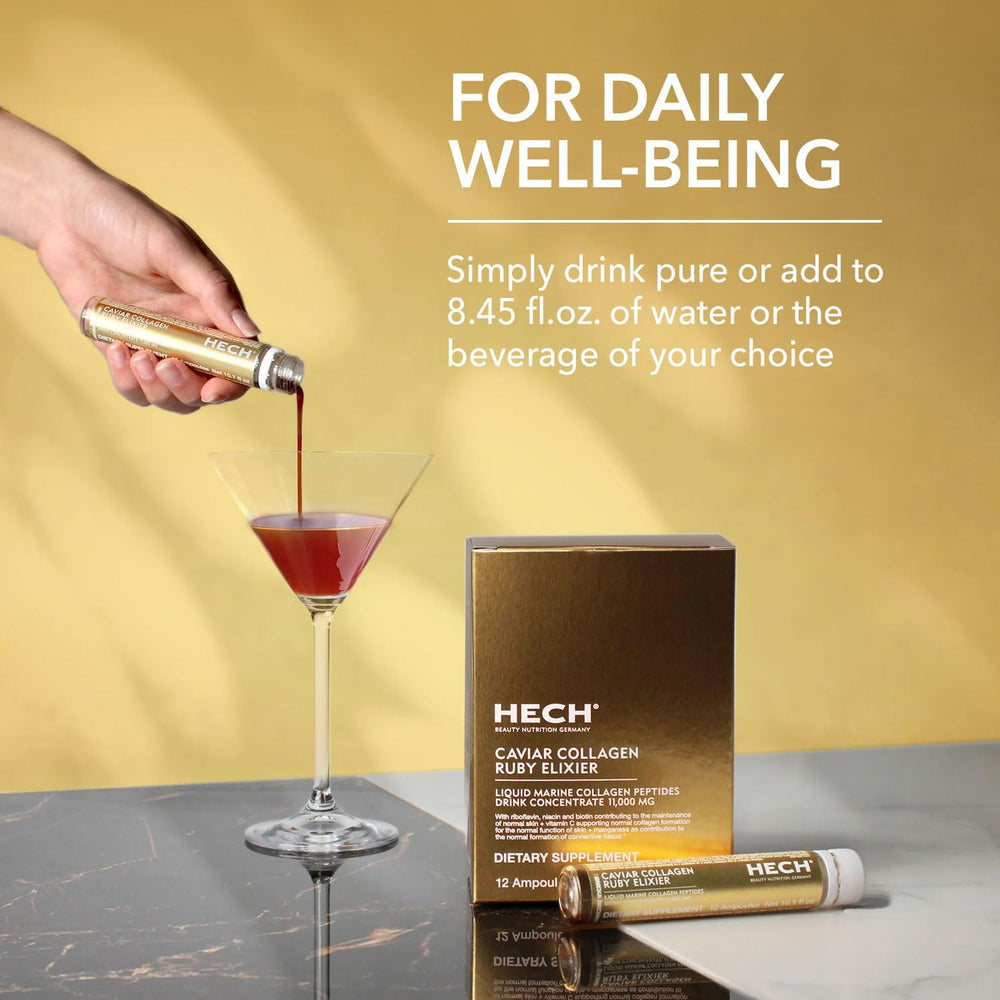 HECH Caviar Collagen Ruby Elixier label close-up emphasizing 11,000 mg collagen content.