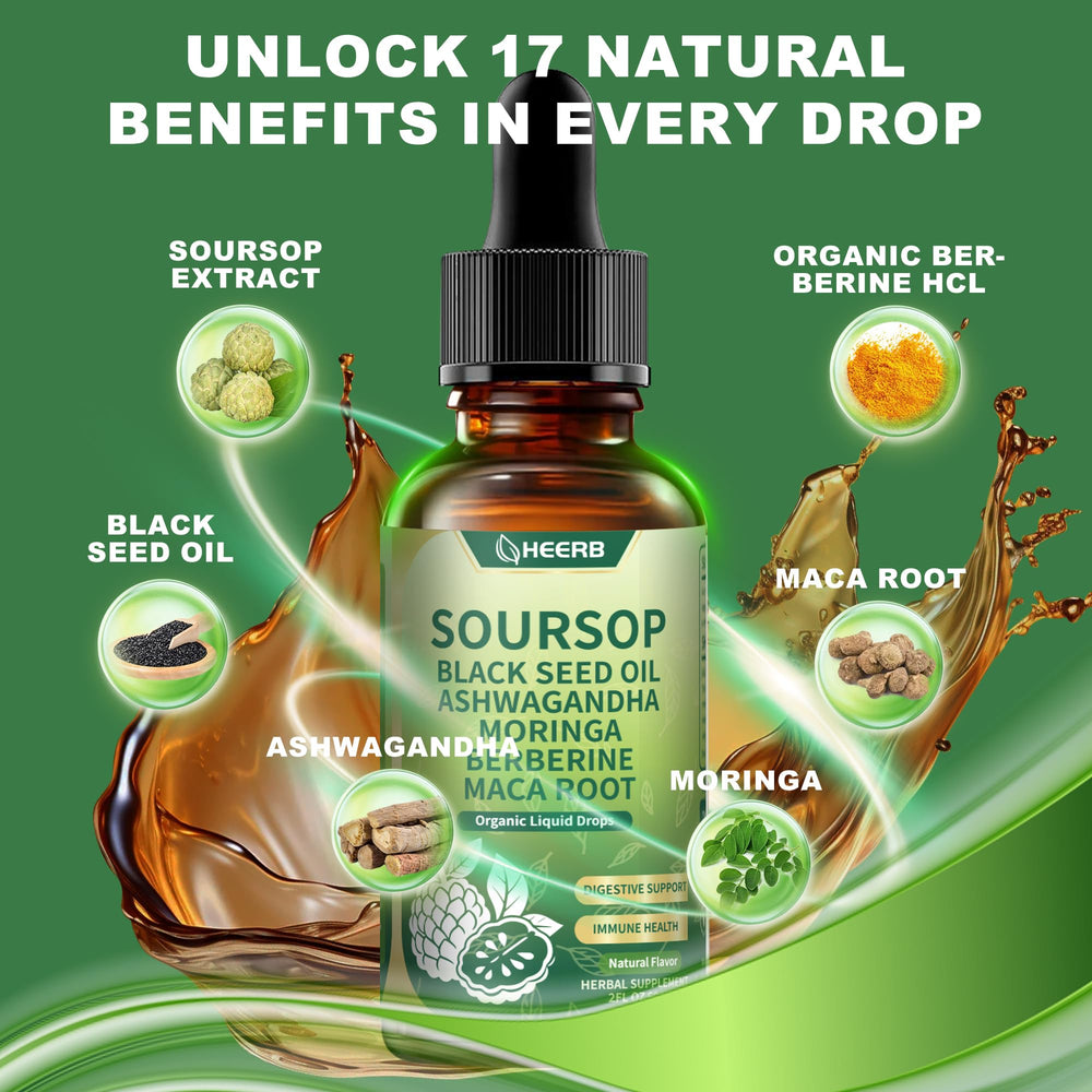 HEERB Soursop Bitters fruit image shows vitamin C and fiber support.