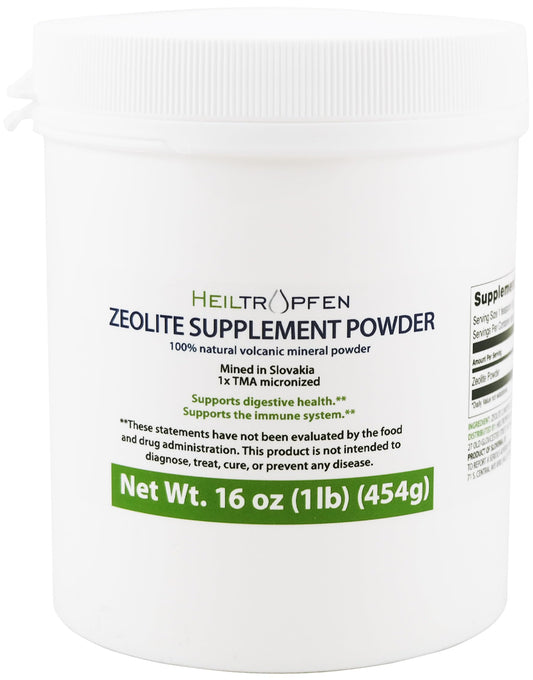 Heiltropfen Zeolite Powder bottle front view, natural detox mineral.