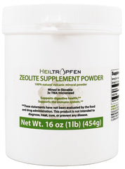Heiltropfen Zeolite powder jar close-up, ultra-fine mineral dust for daily detox preparation.