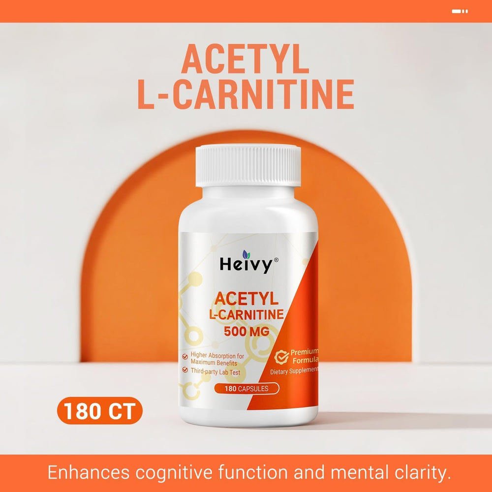 Heivy Acetyl L-Carnitine capsules in jar—daily dose for energy and focus