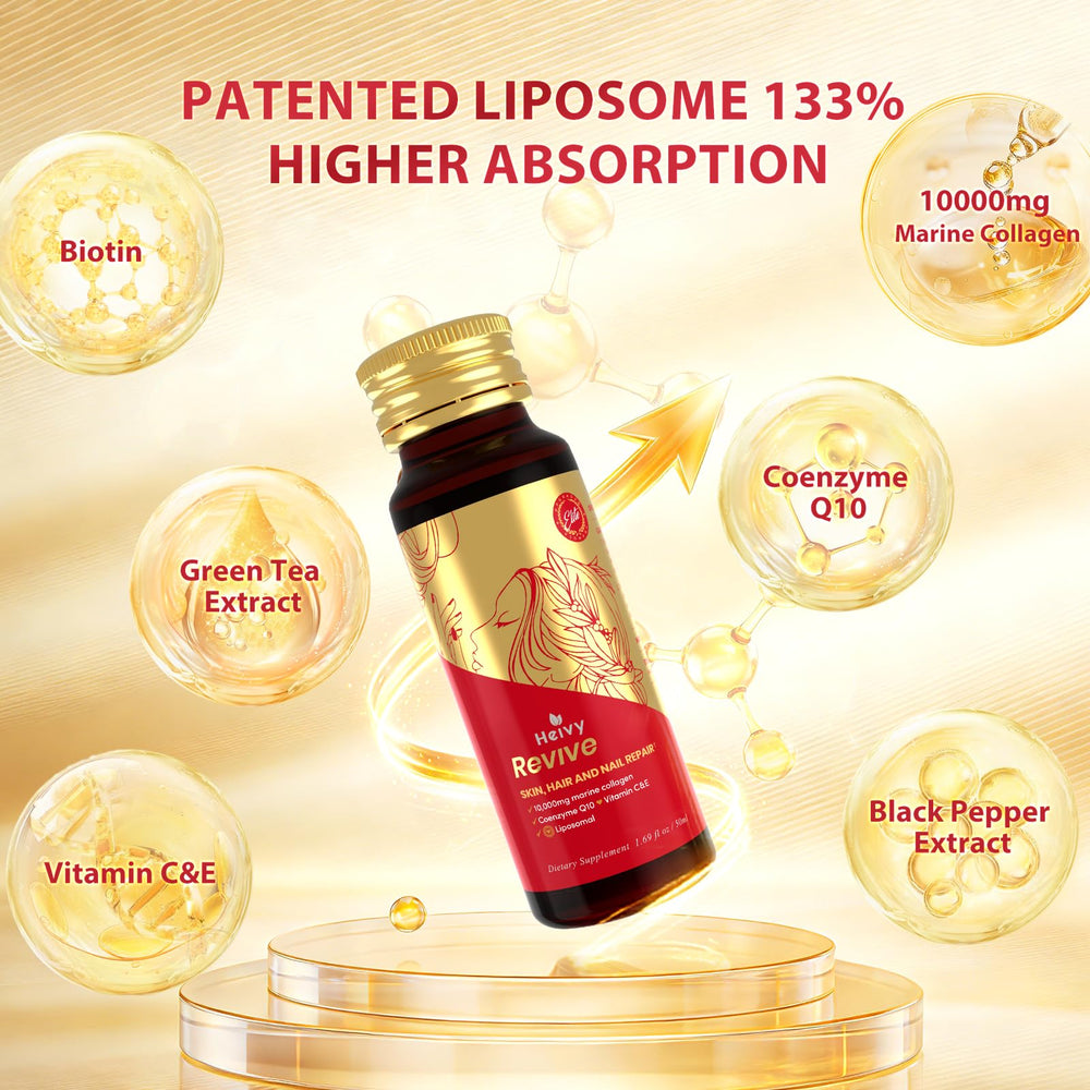 Heivy Liposomal Liquid Collagen pour shot showing 50mL serving.