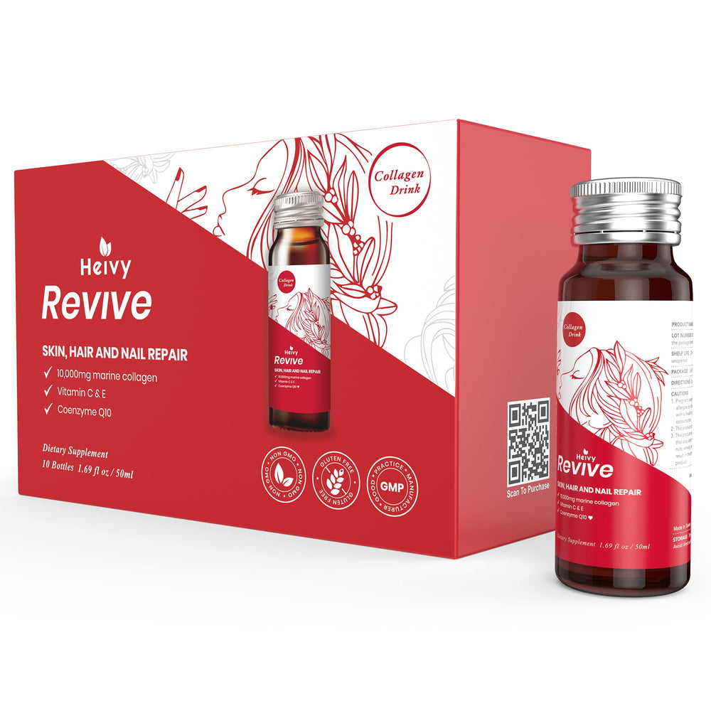 Heivy liquid collagen bottle close-up for convenient daily hair and skin support.