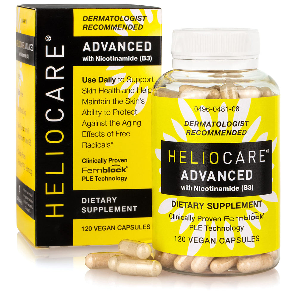 Heliocare Advanced Niacin B3 capsules in bottle for daily skin support.