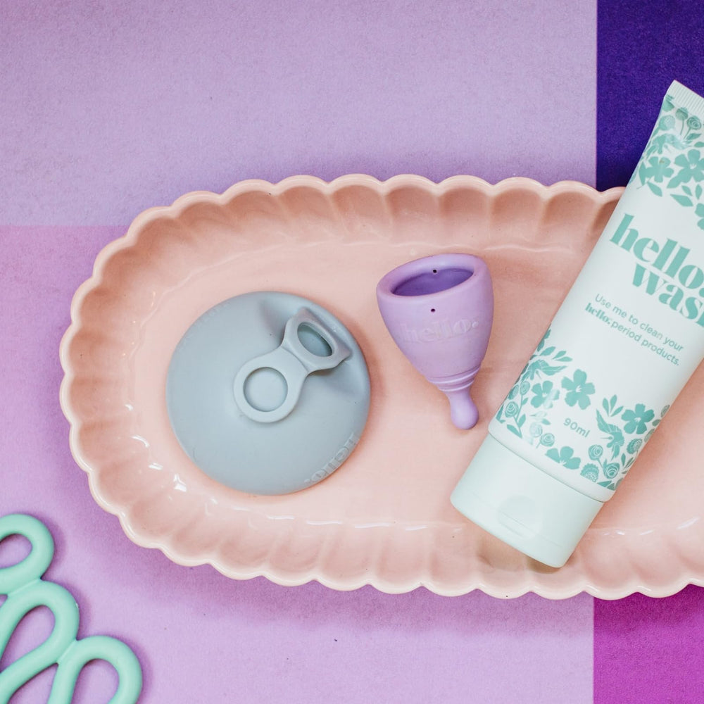 Hello Period average cervix cup soft-TPE close-up shows flexible material for comfortable wear.