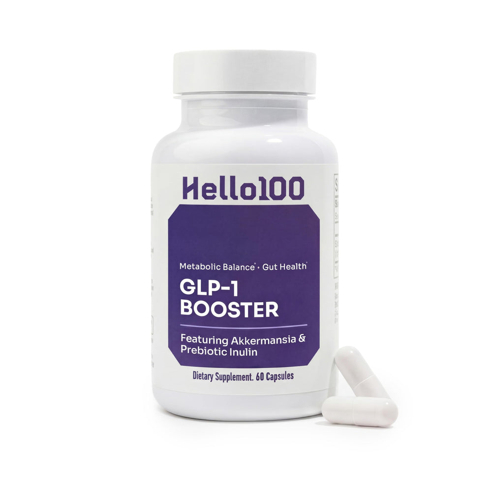 HELLO100 GLP-1 supplement bottle showing daily capsules for appetite control and gut balance.
