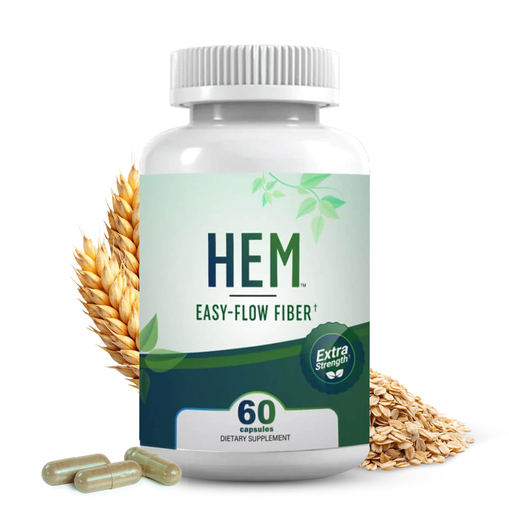 Hem Healer Easy-Flow Fiber bottle closeup highlighting gentle digestion support