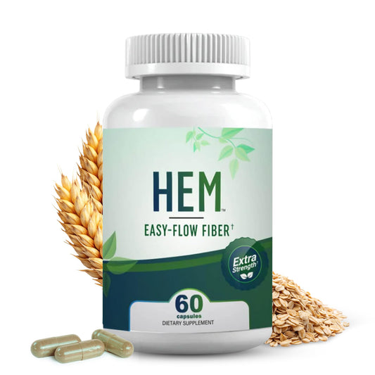Hem Healer Easy-Flow Fiber bottle closeup highlighting gentle digestion support