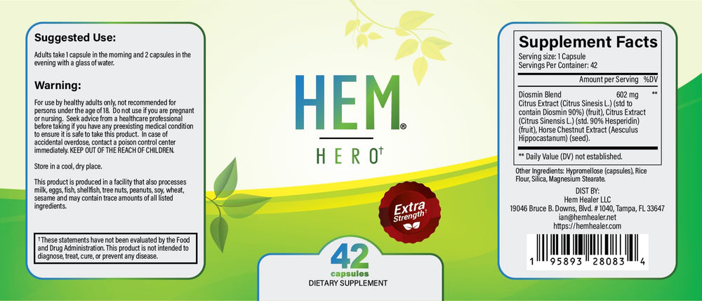 Hem Healer Hem Hero capsules close-up highlighting vegetarian formula for comfortable use.