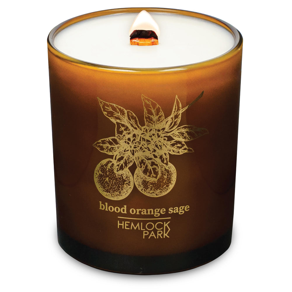 Hemlock Park Amber & Gold wood wick candle enhances warm ambiance with natural coconut wax