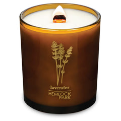 Hemlock Park Amber & Gold Wood Wick Candle in Lavender for calming ambience.