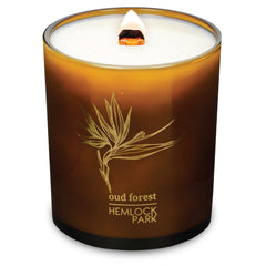 Hemlock Park Amber & Gold Wood Wick Candle with Oud Forest aroma for cozy spaces.