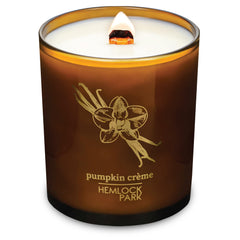 Hemlock Park Amber and Gold Wood Wick Candle with coconut wax for cozy ambiance.