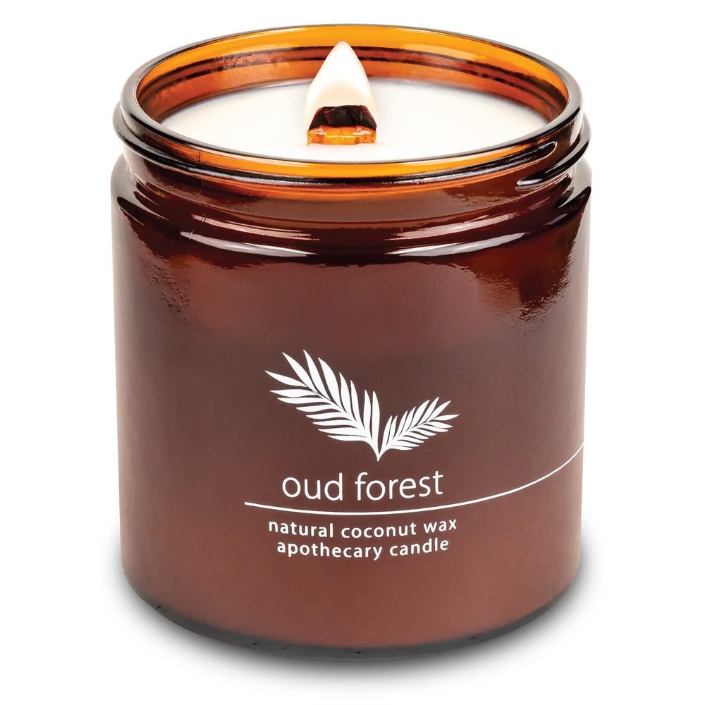 Hemlock Park Oud Forest candle, front view showing the wooden wick and cozy ambiance