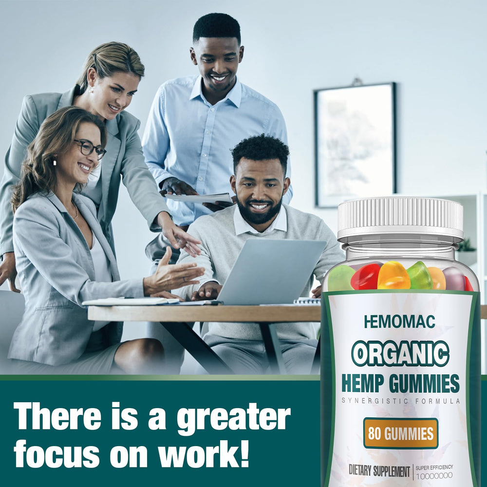 HEMOMAC hemp gummies bottle spill scene suggests easy dosing and sharing.