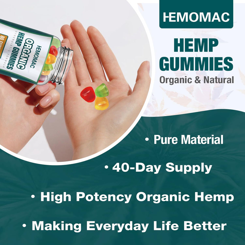 HEMOMAC hemp gummies close-up shows soft gummies for soothing relief.