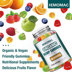 HEMOMAC hemp gummies package with label emphasizes vegan non-GMO quality.