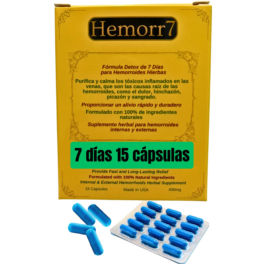 Hemorr7 bottle overview showing a natural blend for gentle hemorrhoid relief