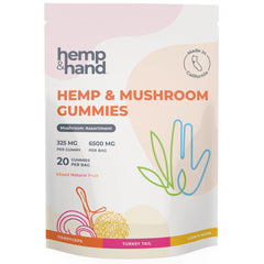 Hemp & Hand Lion's Mane Lemon gummy close-up; vibrant flavor and mushroom blend.