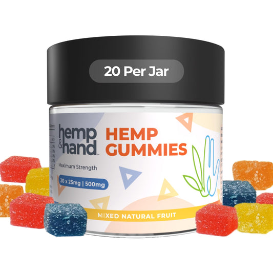 Hemp & Hand gummies bottle-front with 500mg, framed for relaxed moments.