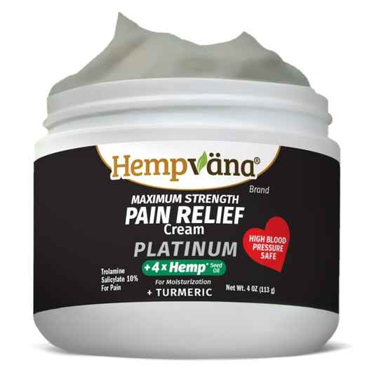 Hempvana Platinum bottle highlights 4x hemp seed oil for quick, soothing application.