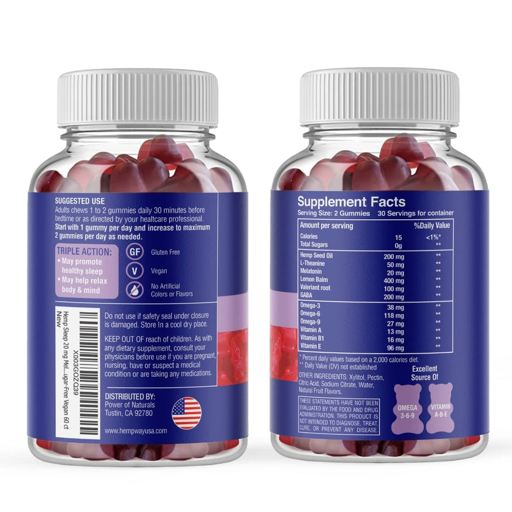 HEMPWAY strawberry-flavored sleep gummies on a table.