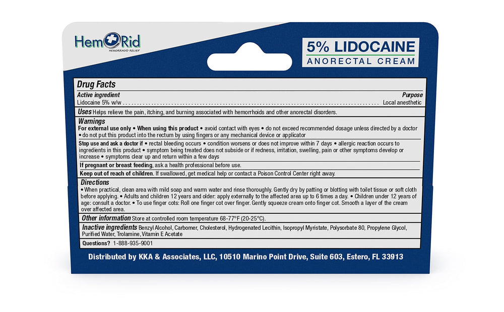 Close-up of HemRid lidocaine cream label showing 5% concentration