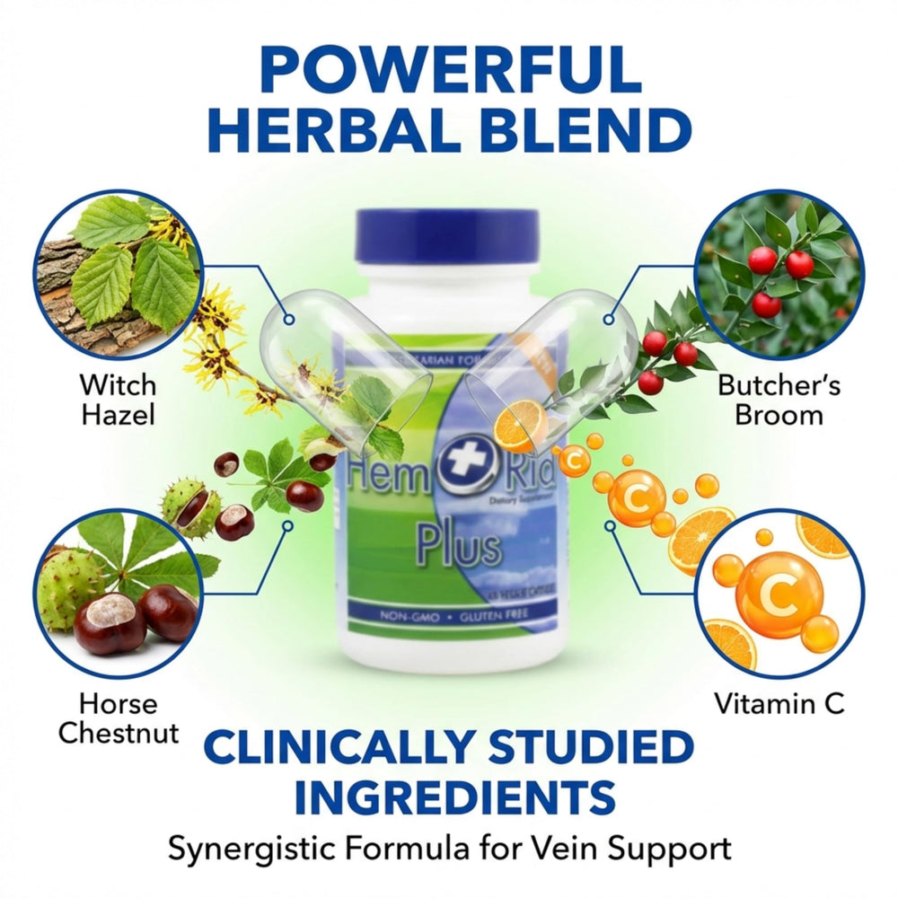 HemRid Plus Horse Chestnut ingredients close-up highlighting vein support.