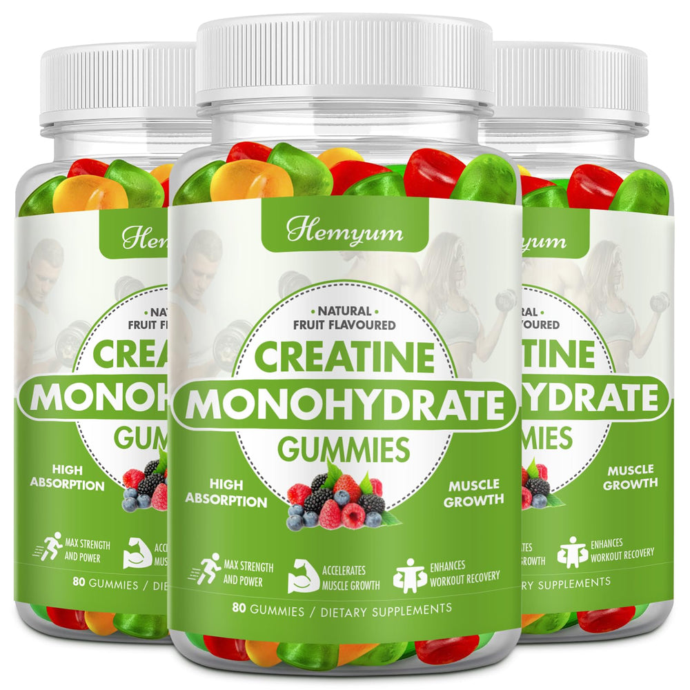Hemyum Creatine Monohydrate Gummies bottle front showing 240 vegan gummies for daily performance support