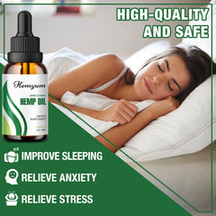 Hemyum hemp oil bottle label highlights organic sourcing and purity