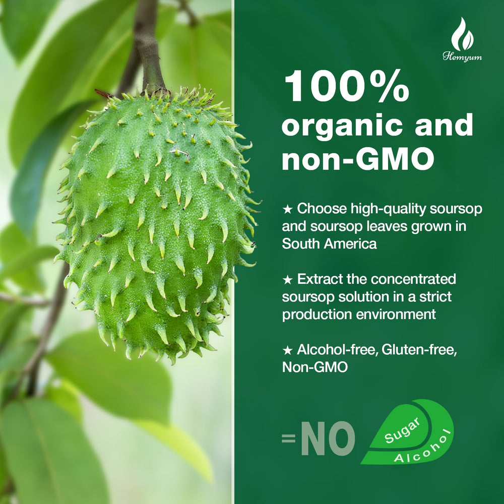 Hemyum Soursop leaves and fruit highlight natural sourcing and plant-based origins.