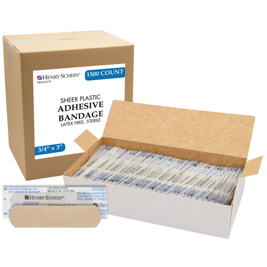 Henry Schein sheer adhesive bandages in a bulk case for classrooms and offices.
