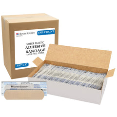 Henry Schein sheer adhesive bandages in a bulk case for classrooms and offices.