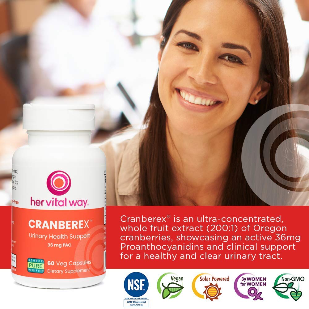 Her Vital Way Cranberex label front highlights 36 mg PAC potency and natural cranberry source.