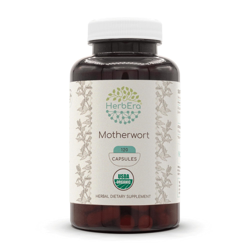 HerbEra Motherwort capsules bottle, organic supplement for daily wellness