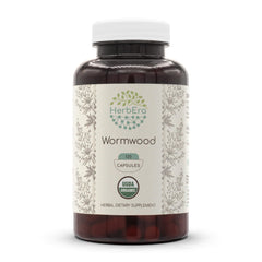 HerbEra Wormwood capsules packaging highlighting organic formula and vegetarian capsules.