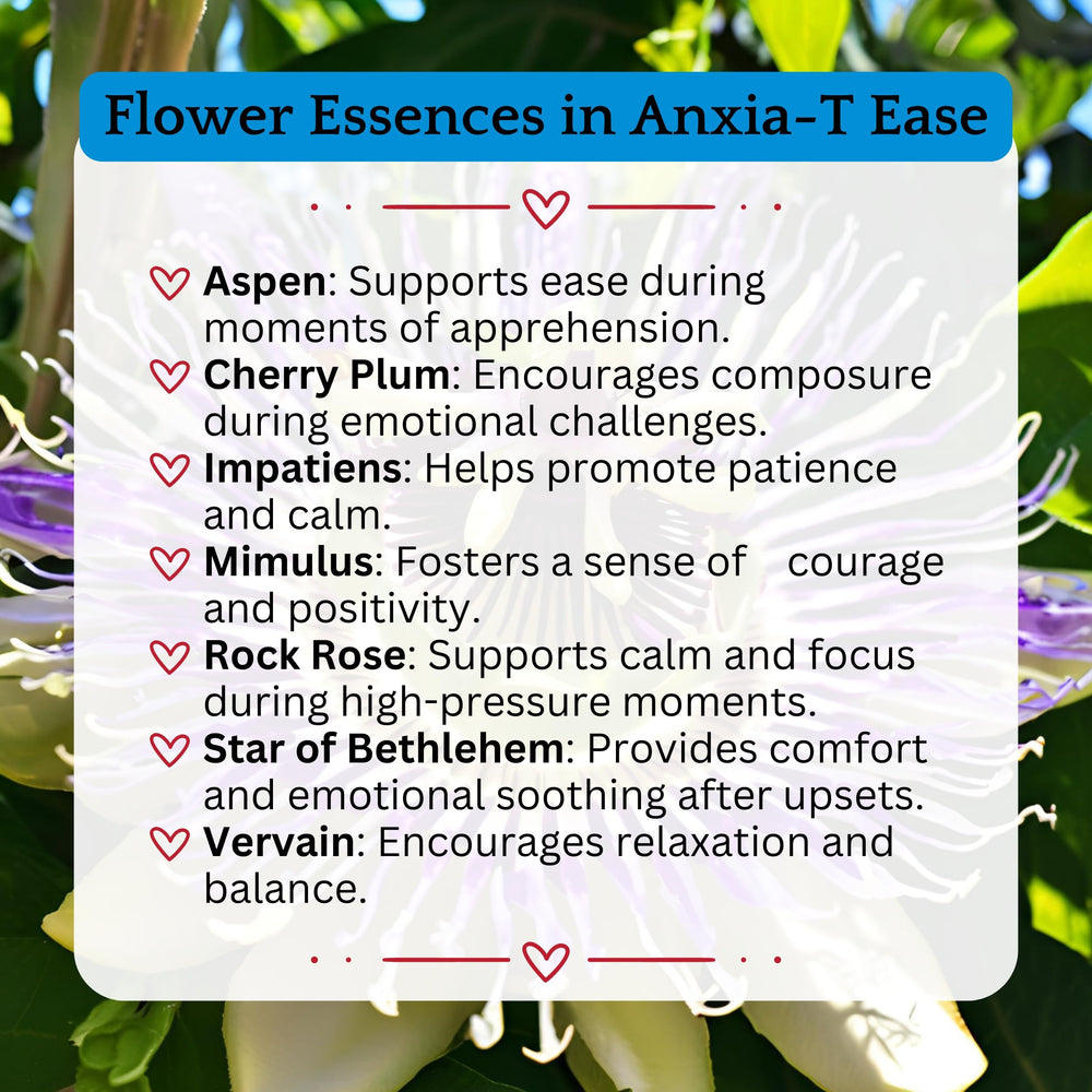 Flower essences bottle and herbal ingredients layout for Anxia-T Ease.