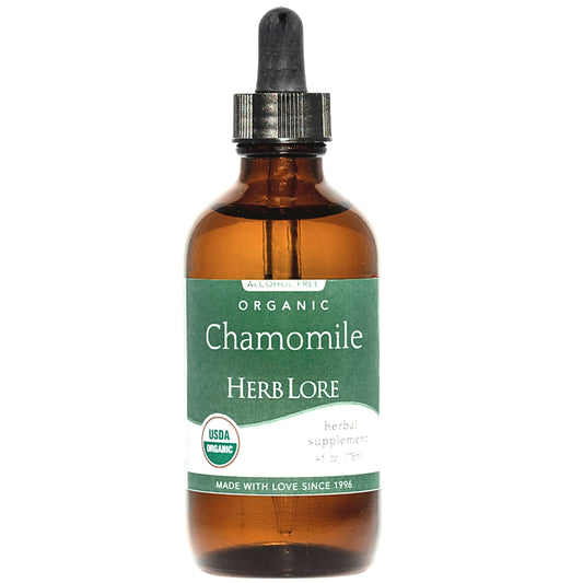 Herb Lore Chamomile Tincture bottle ready for calming bedtime moments.