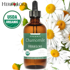 Herb Lore Chamomile Tincture label highlights organic, alcohol-free formula.