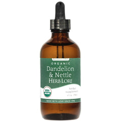 Herb Lore Dandelion & Nettle Tincture bottle showing organic formula for natural balance.