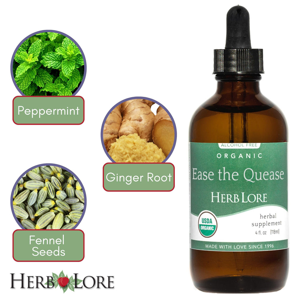 Herb Lore Ease The Quease dropper and bottle capture kid-friendly, alcohol-free soothe.