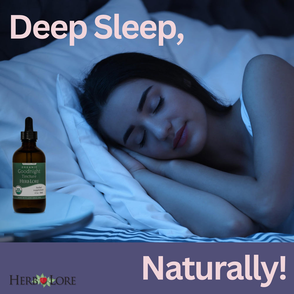 Herb Lore GoodNight tincture bottle on nightstand beside a warm mug.